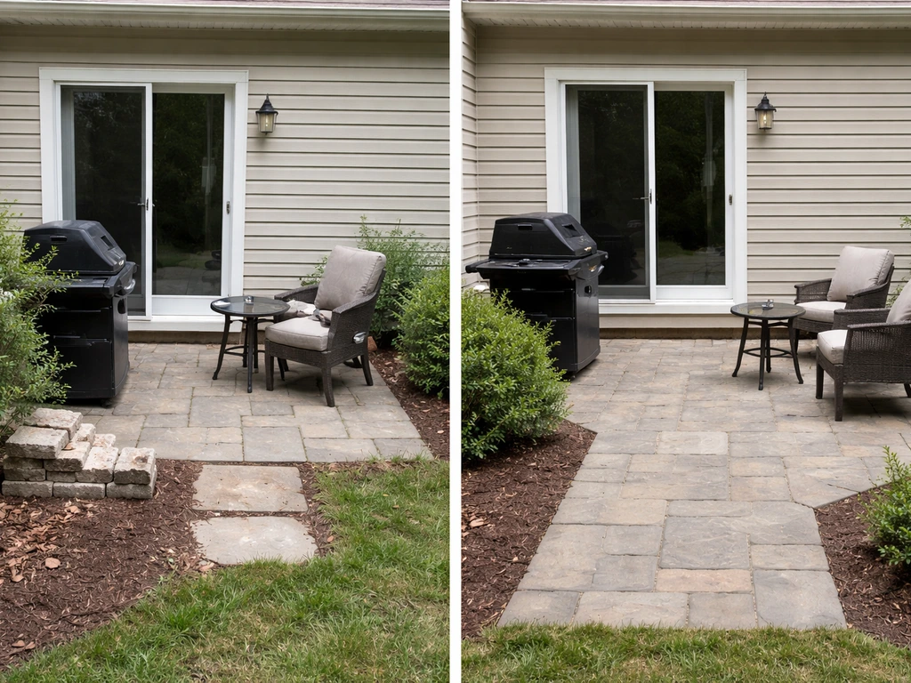 Before/after view of a cramped patio vs a properly spaced, more usable outdoor layout.