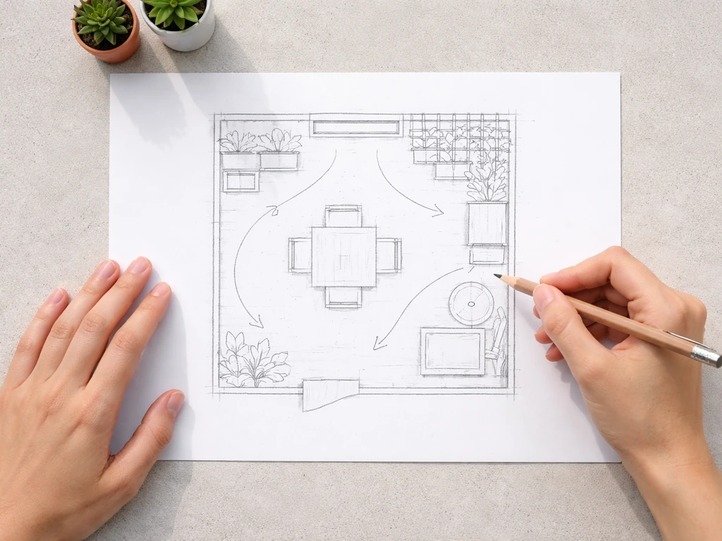 Small patio layout sketch with simple foot-traffic paths and vertical planters/trellises.