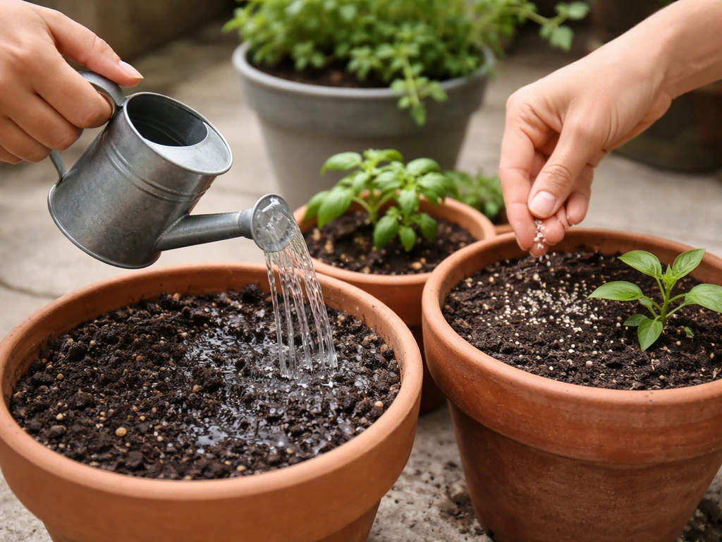 Hands slowly watering potted plants and sprinkling fertilizer for healthy moisture in the root zone.