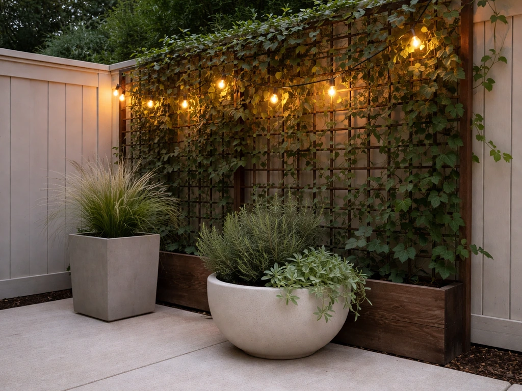 Outdoor patio corner with warm lighting and a trellis planter with vines acting as a privacy screen.