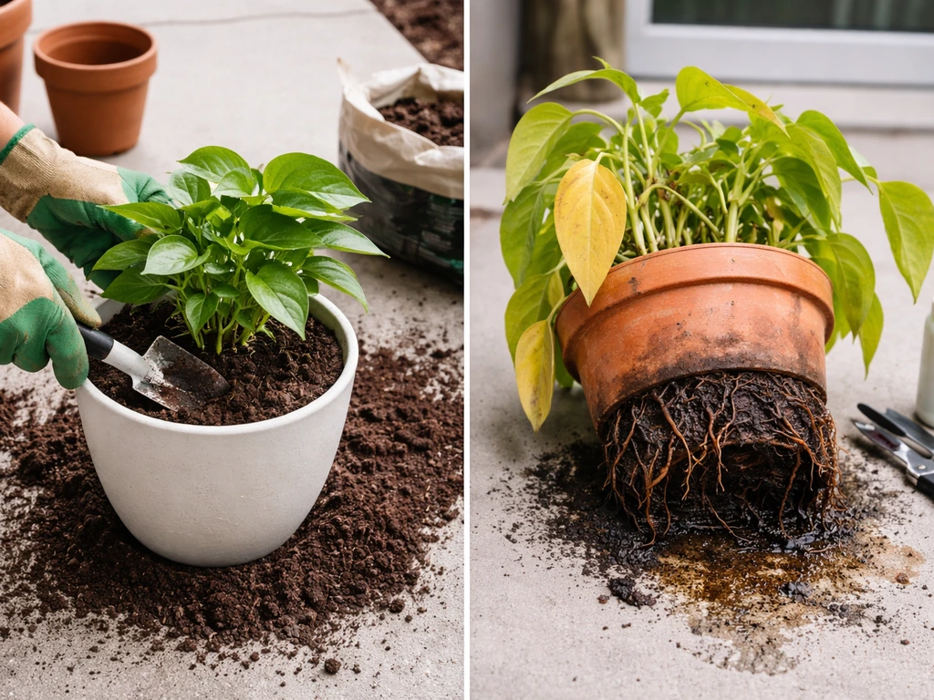 Split-style patio gardening scene: DIY repotting beside a separate pro-call scenario with wilted plant.