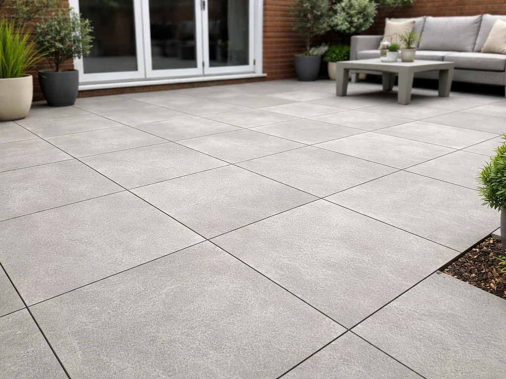 Tidy patio with large-format porcelain paving slabs and tight grout joints in natural light.