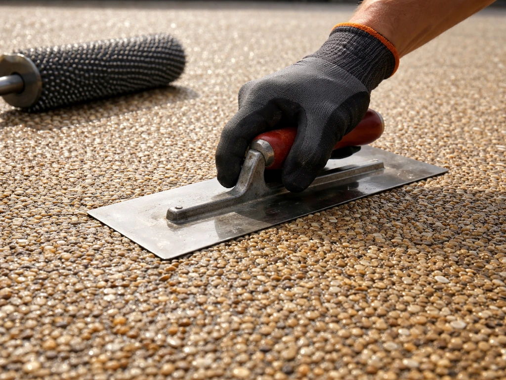 Trowel finishing resin-bound gravel surface smooth over a prepared base