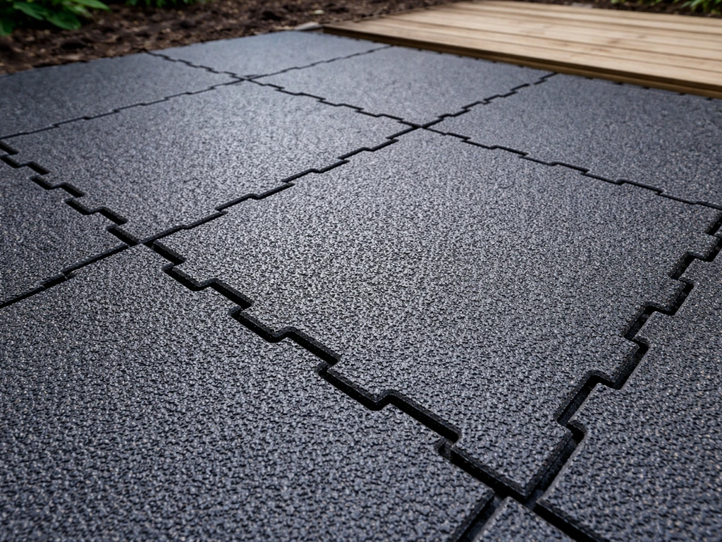 Close-up of interlocking rubber paving tiles outdoors, showing textured slip-resistant grip and tile seams.