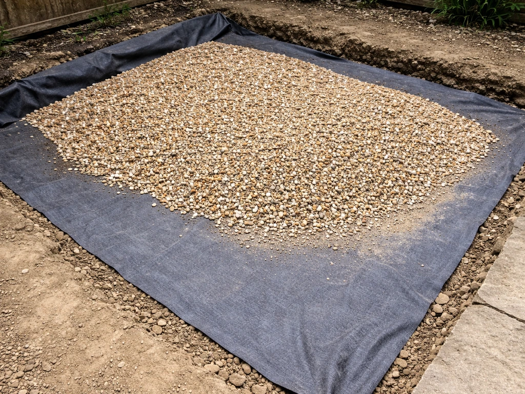 DIY patio base with weed membrane and compacted sub-base covered by loose gravel