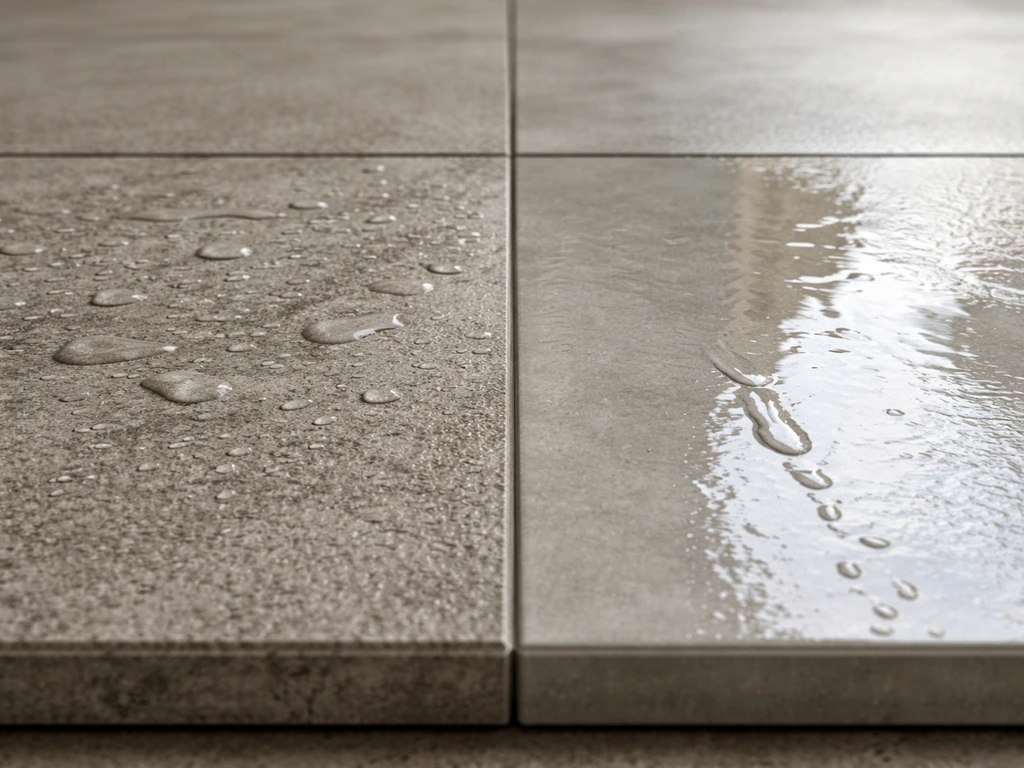 Wet brushed/sawn stone vs smooth glazed tile showing better traction on rough surface