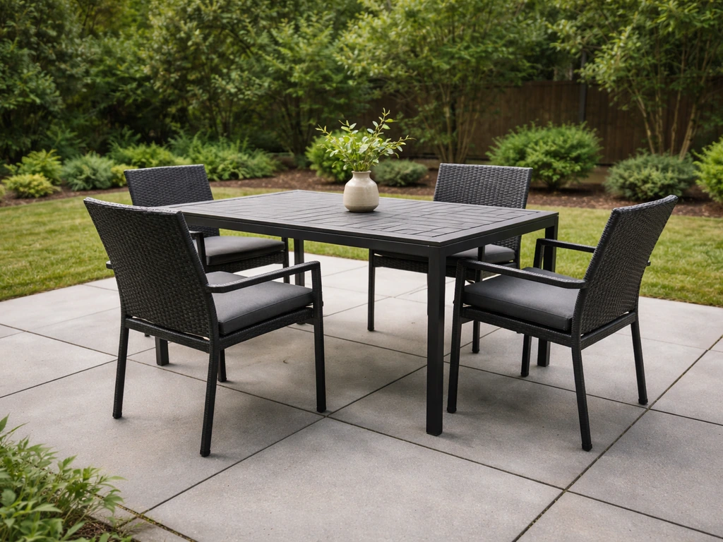 Outdoor dining furniture firmly set on level patio slabs, showing a stable, no-wobble surface.