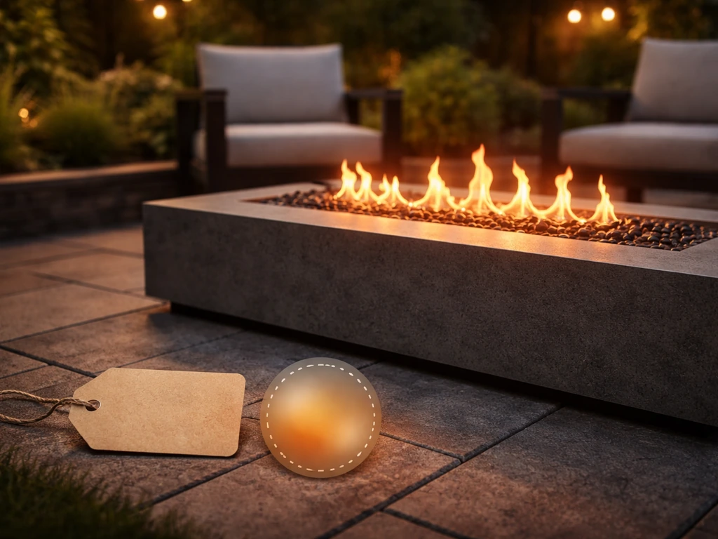 Backyard patio at dusk with a glowing outdoor fire table and subtle generic deal cues, no readable text.
