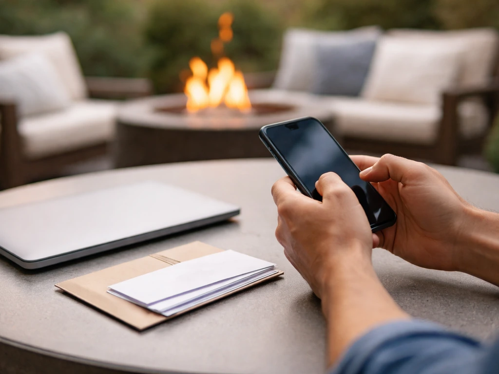 Hands holding a smartphone over an outdoor patio table near a fire pit, suggesting discount offers.