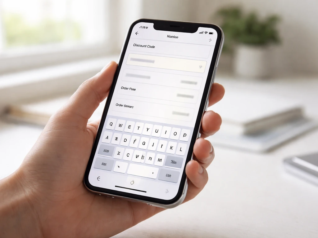 Close-up of a smartphone checkout screen with a discount code entered and totals updating