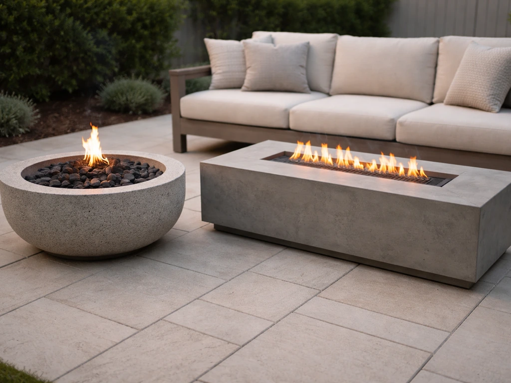 Side-by-side patio fire pit and rectangular fire table with low flames on an outdoor seating area.