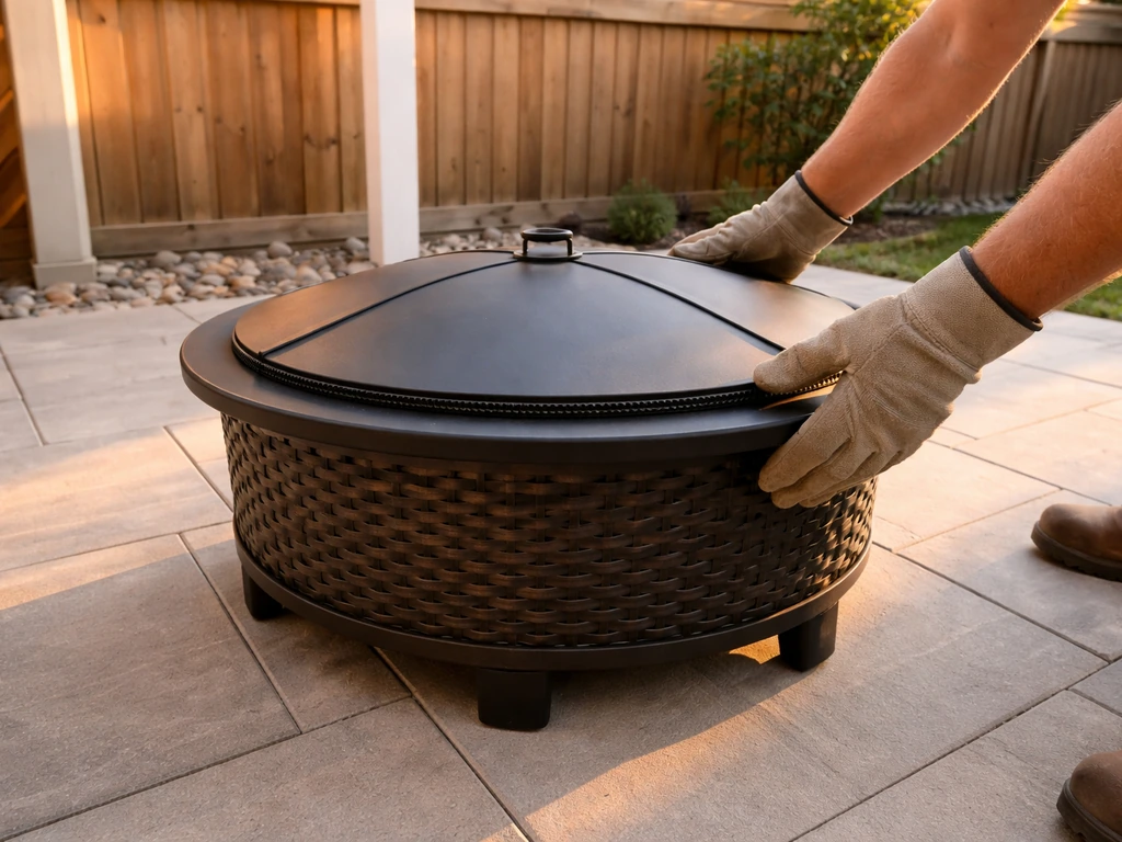 Gloved hands adjusting a covered outdoor fire pit on a patio, checking clearance near nearby structures.