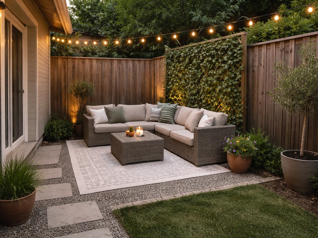 Cozy small patio layout with outdoor seating, string lights, potted plants, and privacy shade in a compact yard.