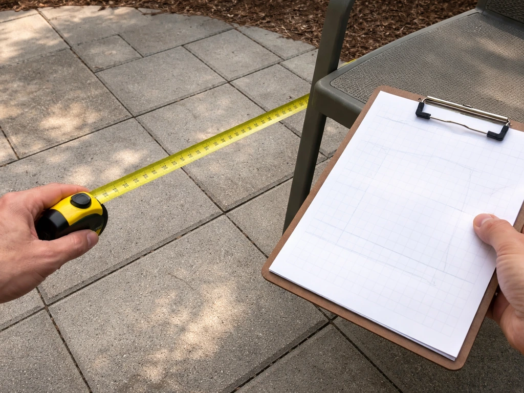 Close-up of a tape measure measuring a small patio footprint with a clipboard showing handwritten notes