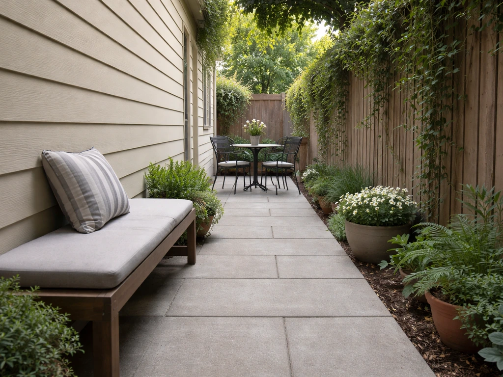 Narrow 6x16 side-yard patio with a bistro set at one end and seating aligned along the long axis.