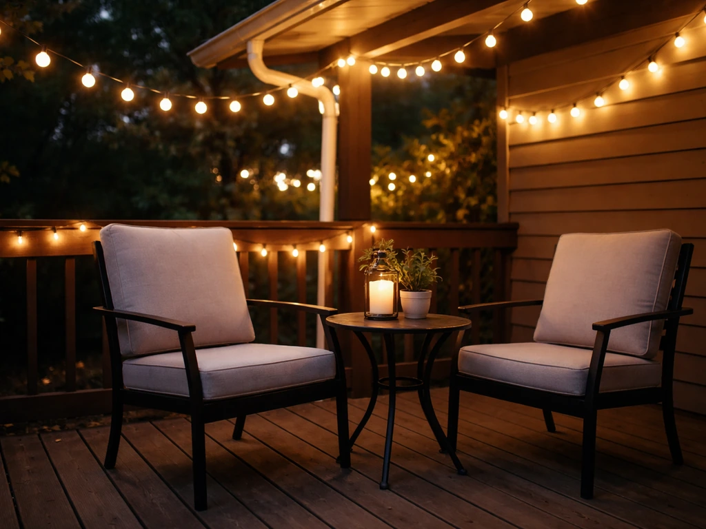 Warm outdoor string lights draped along a patio railing and eave over a quiet seating area at dusk.