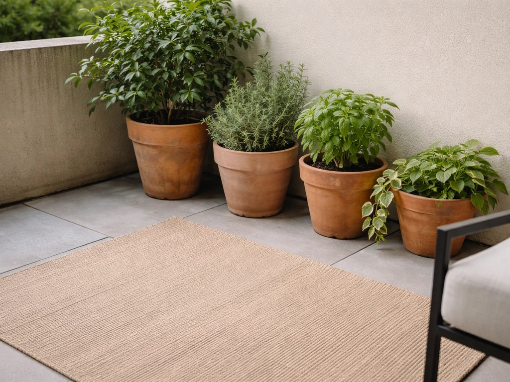 Small patio edge with potted plants in terracotta planters and an outdoor rug defining a seating area