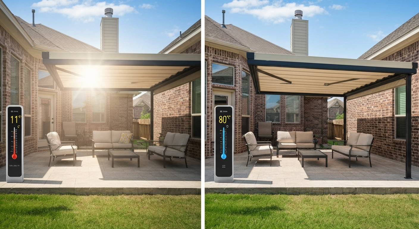Split photorealistic image showing the same Fort Worth patio baked in sun on the left and comfortably shaded under a retractable awning on the right, illustrating a large temperature drop.