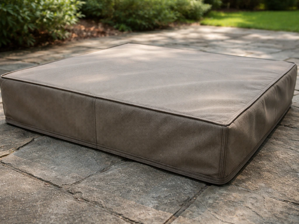 Close-up of a durable outdoor mat on a patio surface showing textured grip and coverage