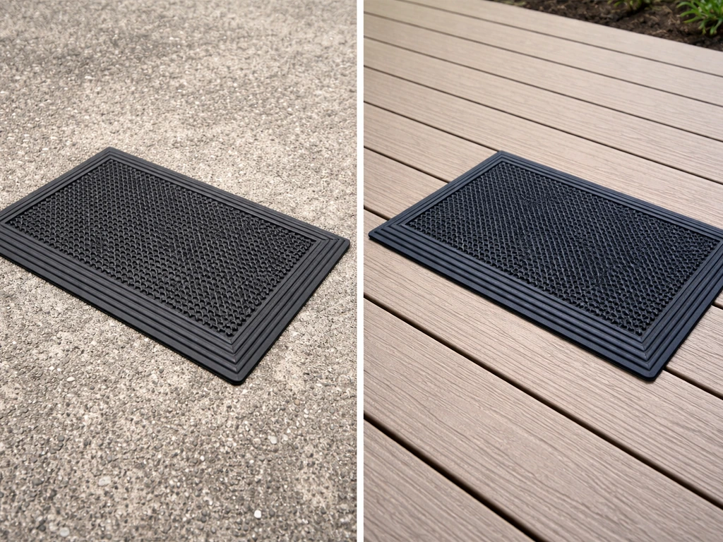 Two Patio Armor-style mat samples on concrete vs composite, showing texture and subtle weathering differences.