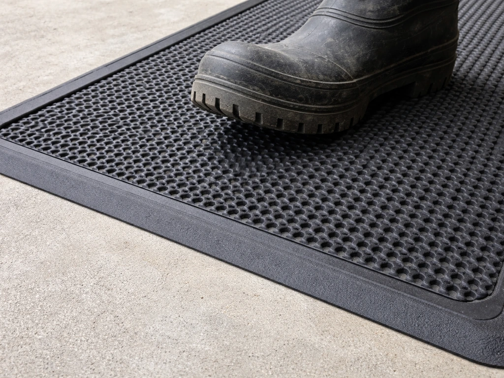 Close-up of a boot sole pressing on a textured patio mat laid on smooth concrete.