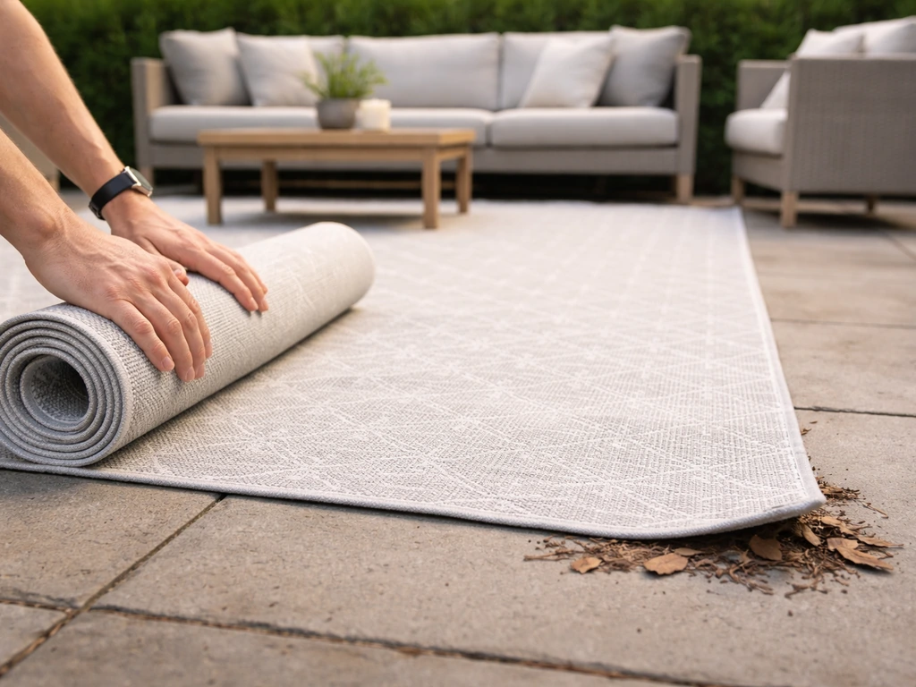 Hands unroll a patio mat and position it over outdoor furniture, with a small debris “wrong” area nearby.