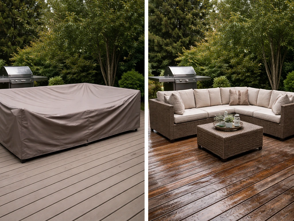 Covered patio furniture looks protected while an uncovered outdoor surface shows moisture and wear.