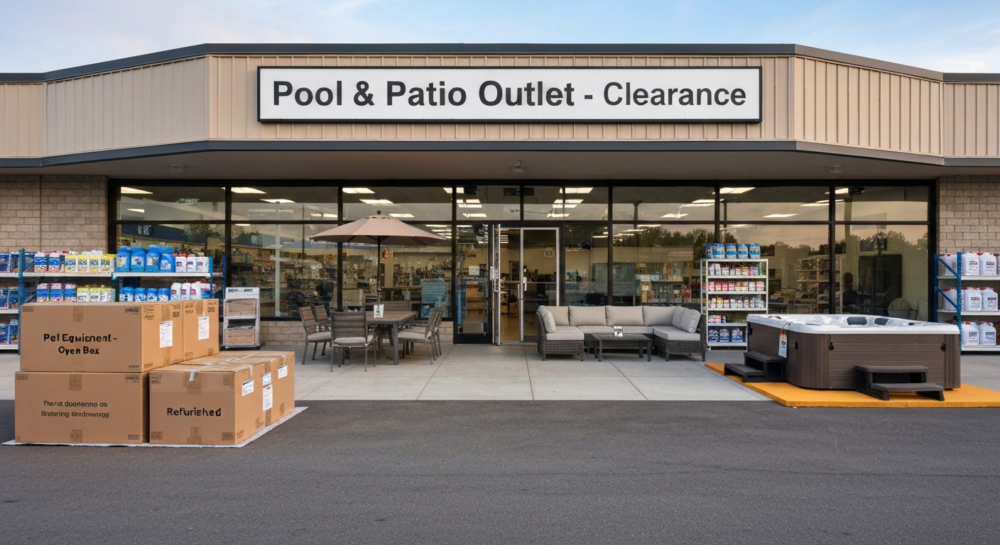 Storefront of a pool and patio outlet with clearance signage and displays of patio furniture, a hot tub, and boxed pool equipment.