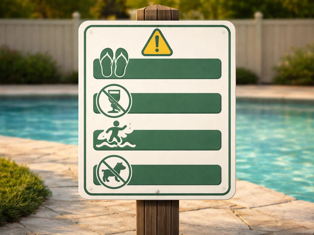 Weatherproof patio rules sign design SVG-style at an outdoor patio entrance near a pool