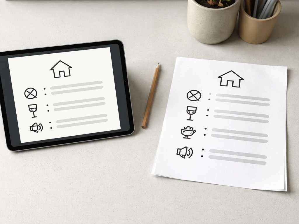 Side-by-side view of a vector patio-rules sign template and a printed patio rules sign with icons only.