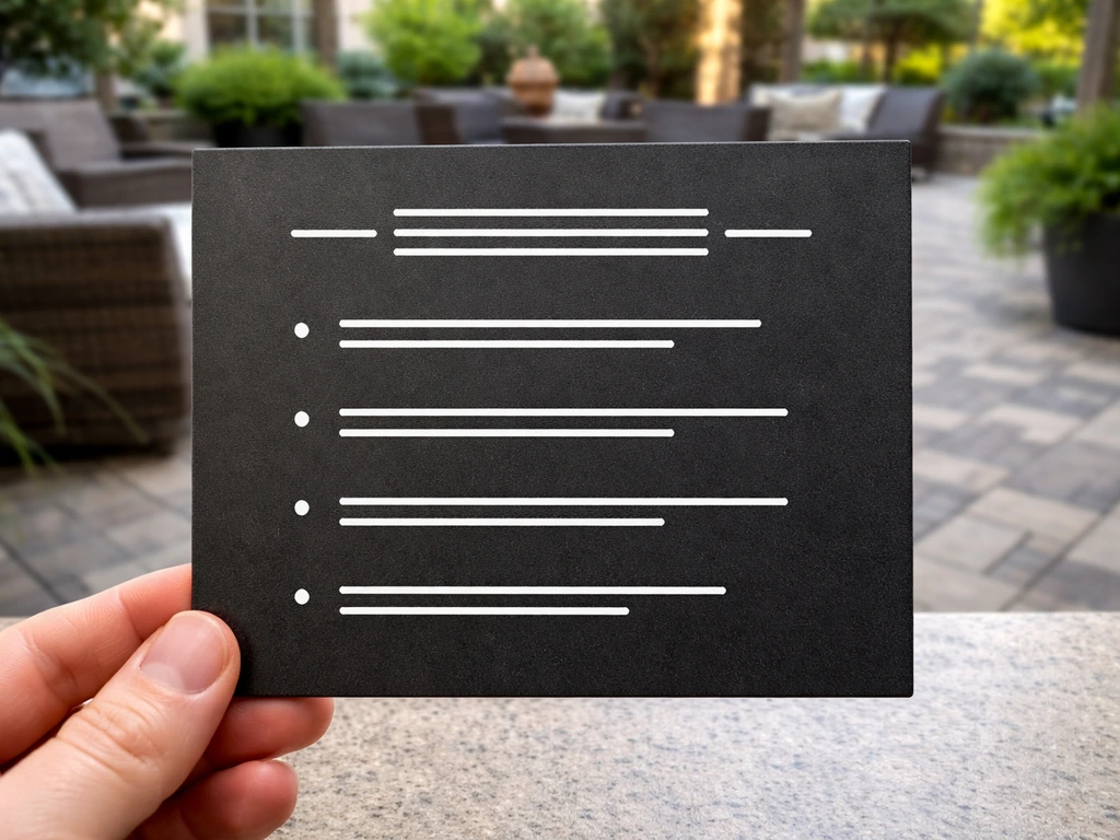 Close-up of a small patio rules sign mockup showing short, high-contrast line layout and spacing.