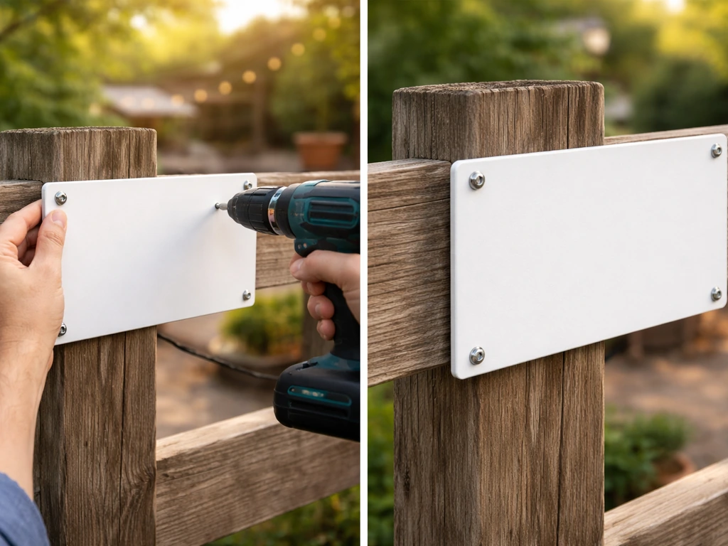 Hands mounting an outdoor patio rules sign on a wooden fence post with exterior screws and drill.