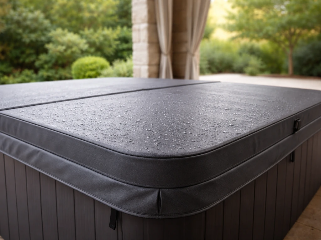 Covered outdoor spa with a flush-seated patio performance spa cover, water beading on the lid.