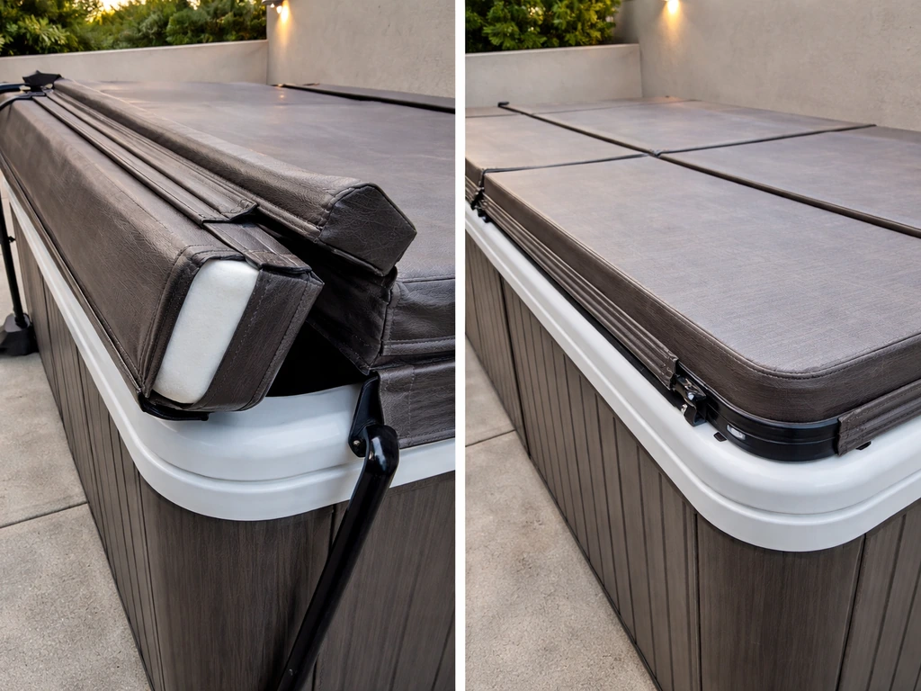 Side-by-side close-up of a hinged foam hot tub cover and a sectional swim spa lid on a patio.