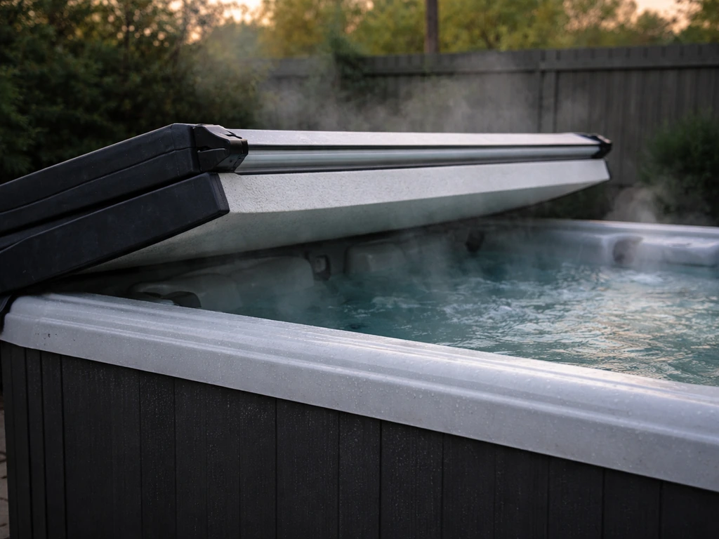 Standard hot tub with hinged cover lifted, showing tapered foam-core insulation on the rim.
