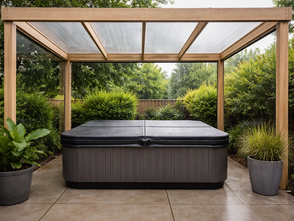 Hot tub on a covered patio with a pergola-style enclosure shielding it from sun, wind, and rain.