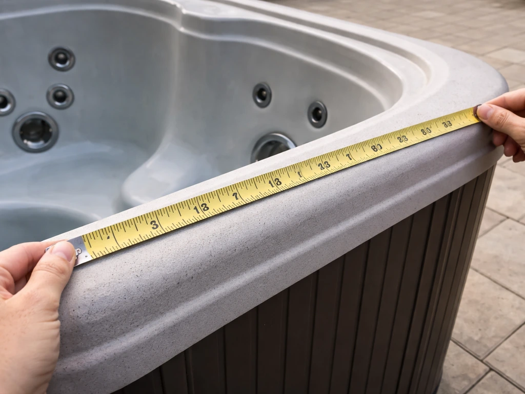 Hands measure the spa shell’s top rim with a tape measure, showing rounded corner details.