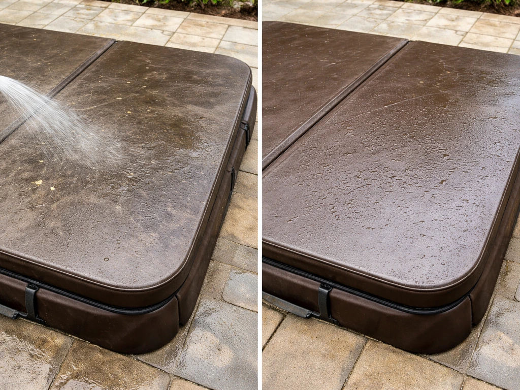 Side-by-side before-and-after of a rinsed vs stained vinyl spa cover, with water droplets on the clean side.