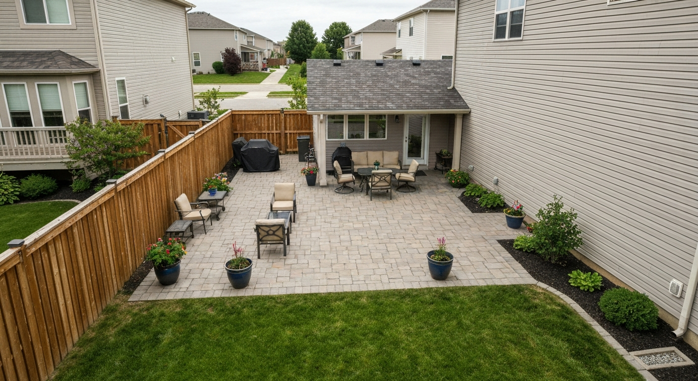 Suburban HOA backyard patio with pavers, attached pergola, and uniform neighboring homes