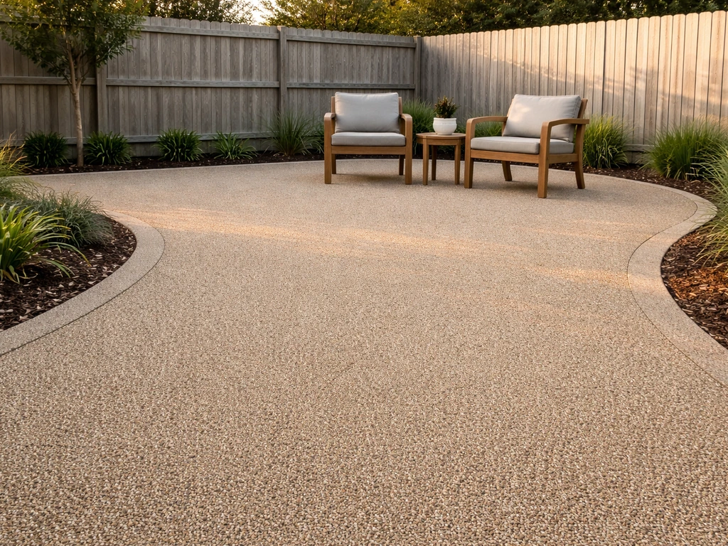 Wide view of a welcoming patio built with resin-bound gravel and modern outdoor furniture