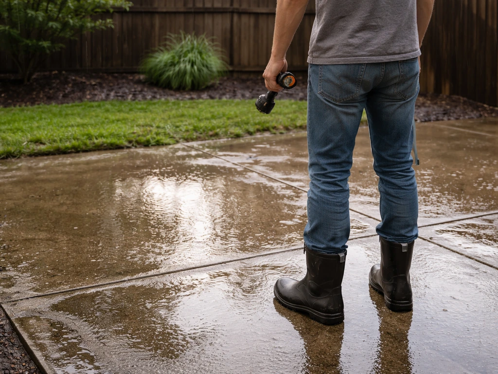 Anonymous homeowner checks wet patio ground after rain where water pools and flows.