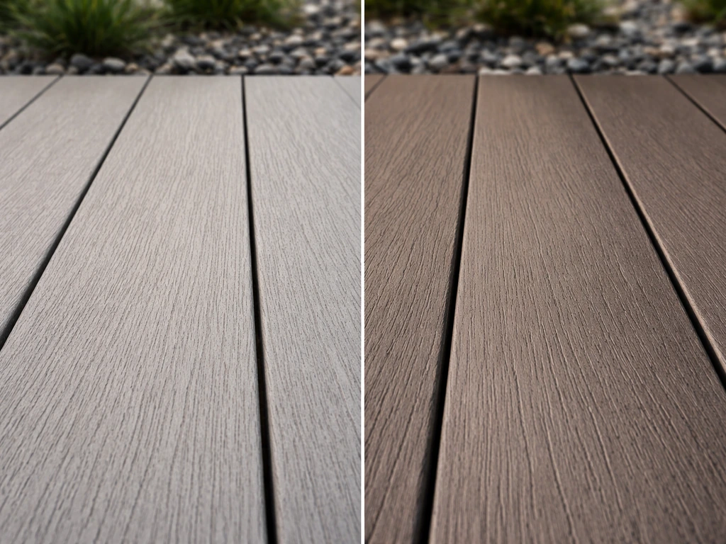 Close-up of outdoor composite decking boards showing textured surface and seams in a simple patio setting