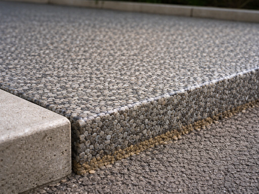 Close-up of resin-bound gravel showing smooth trowelled surface and a cut edge revealing thickness.