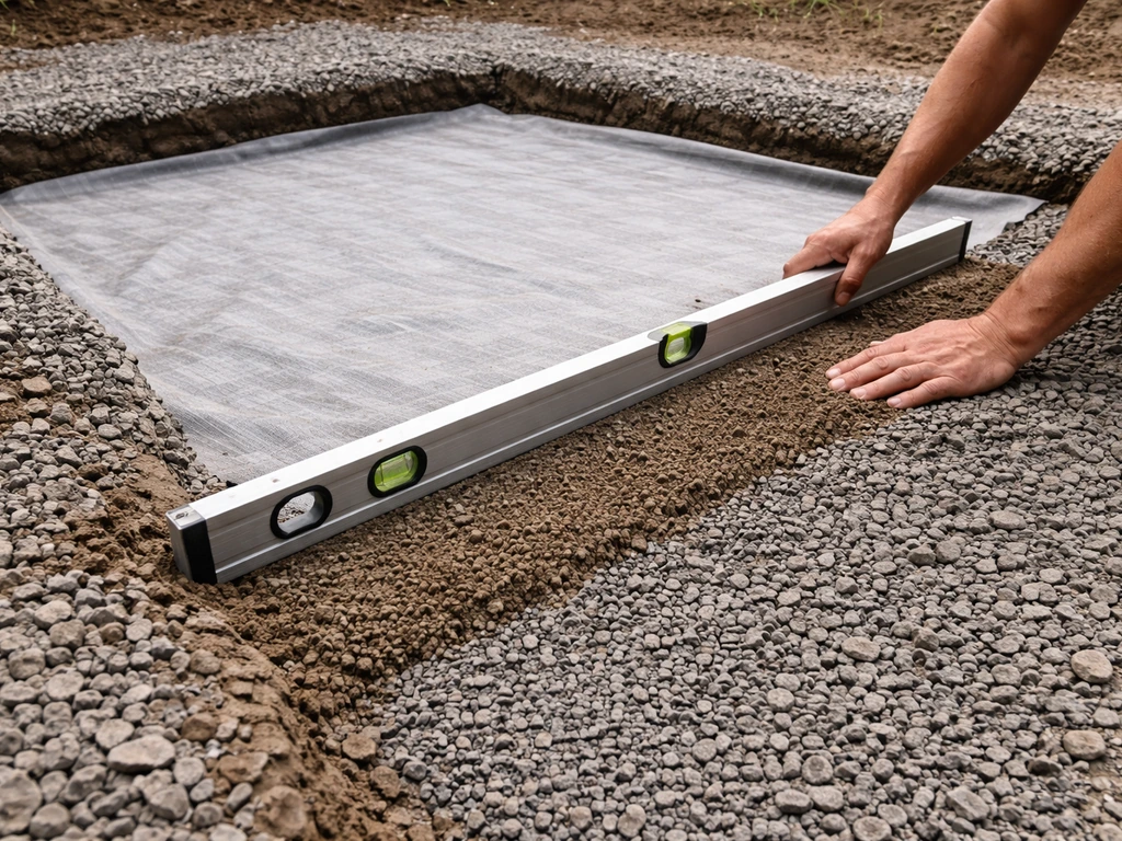Anonymous hands smoothing a geotextile-covered, compacted sub-base while a spirit level checks drainage slope.