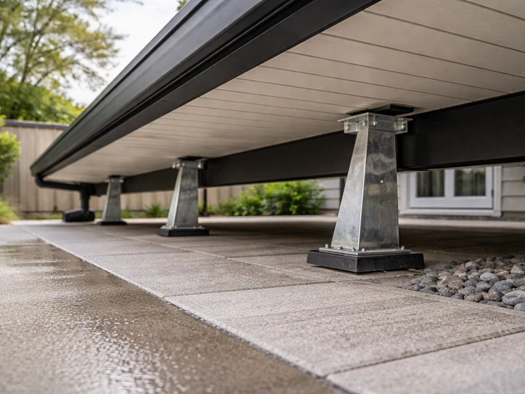 Patio cover inner edge raised on roof riser brackets with slope and drainage hardware visible.
