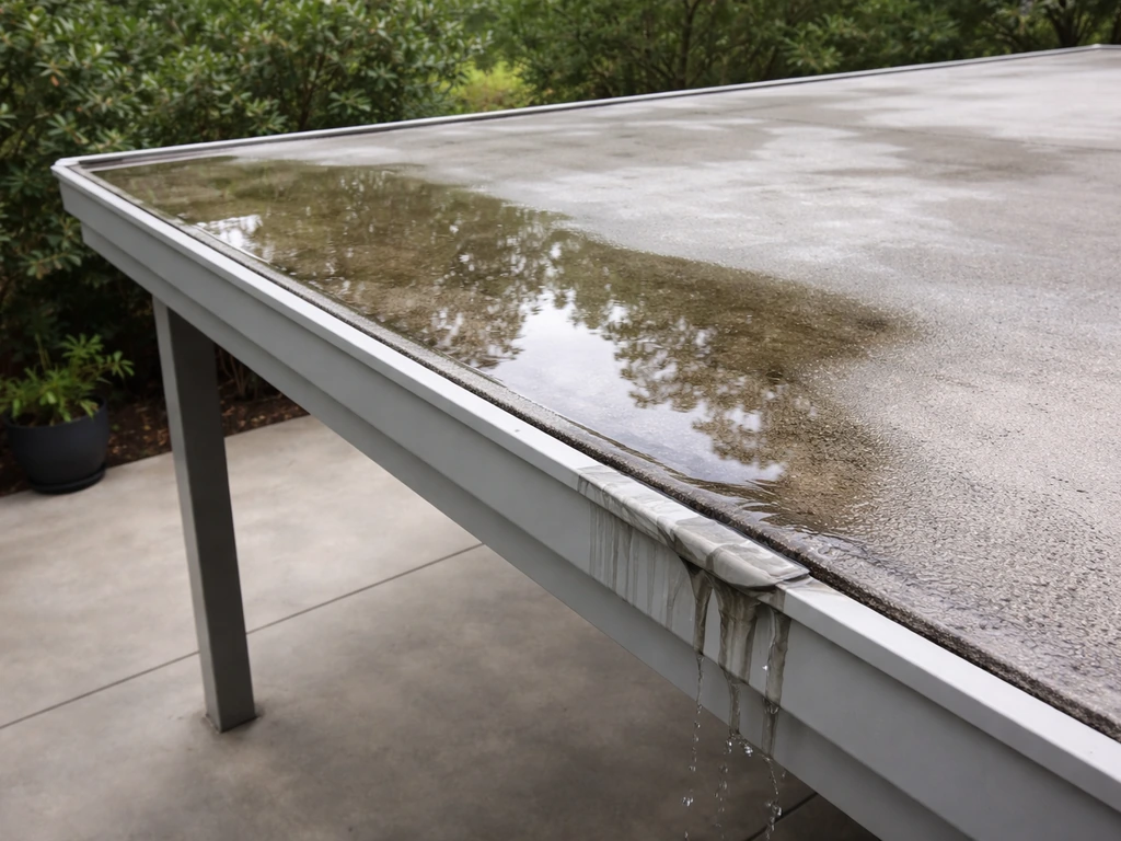 Near-flat patio roof with standing water pooling at the gutter edge, showing a drainage problem area.