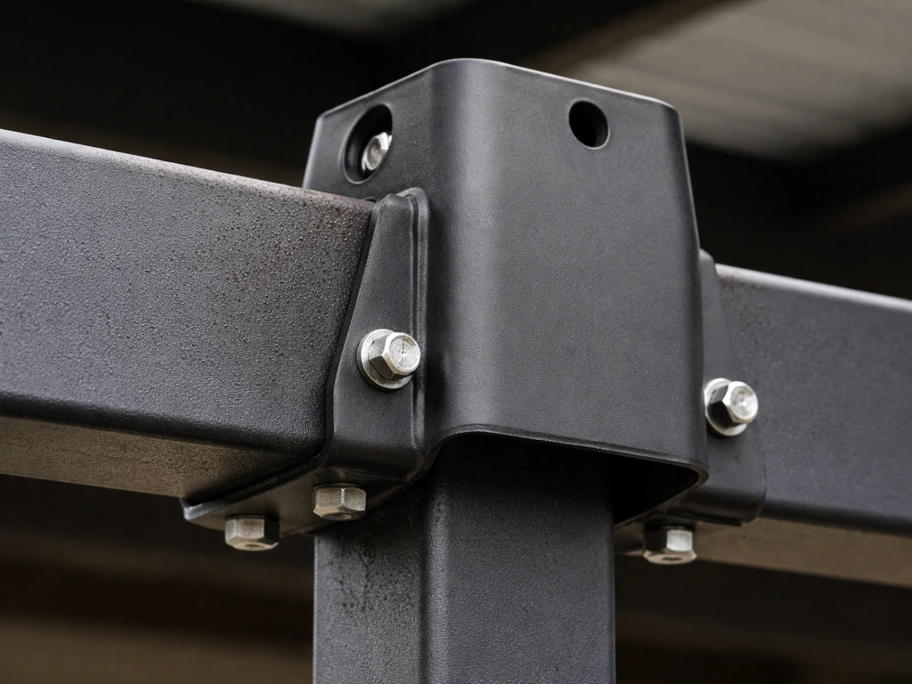 Close-up of a LO-PRO beam mount patio roof riser with a bucket-style attachment on a metal beam.