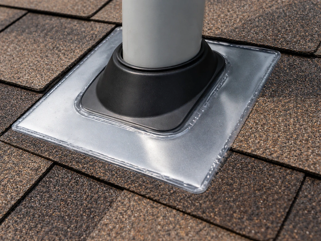 Close-up of roof vent flashing and sealant seams around a roof penetration, showing trim and silicone flashing edges.