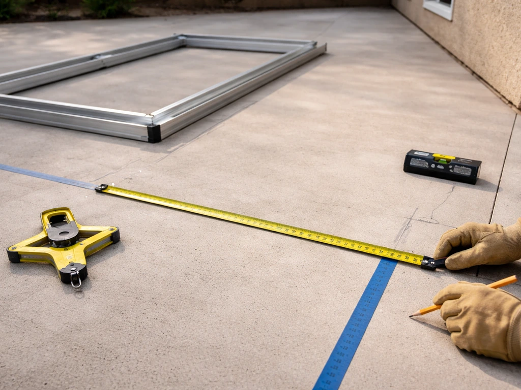 DIY patio cover layout with tape measure showing horizontal span and pitch/height marks on aluminum frame.