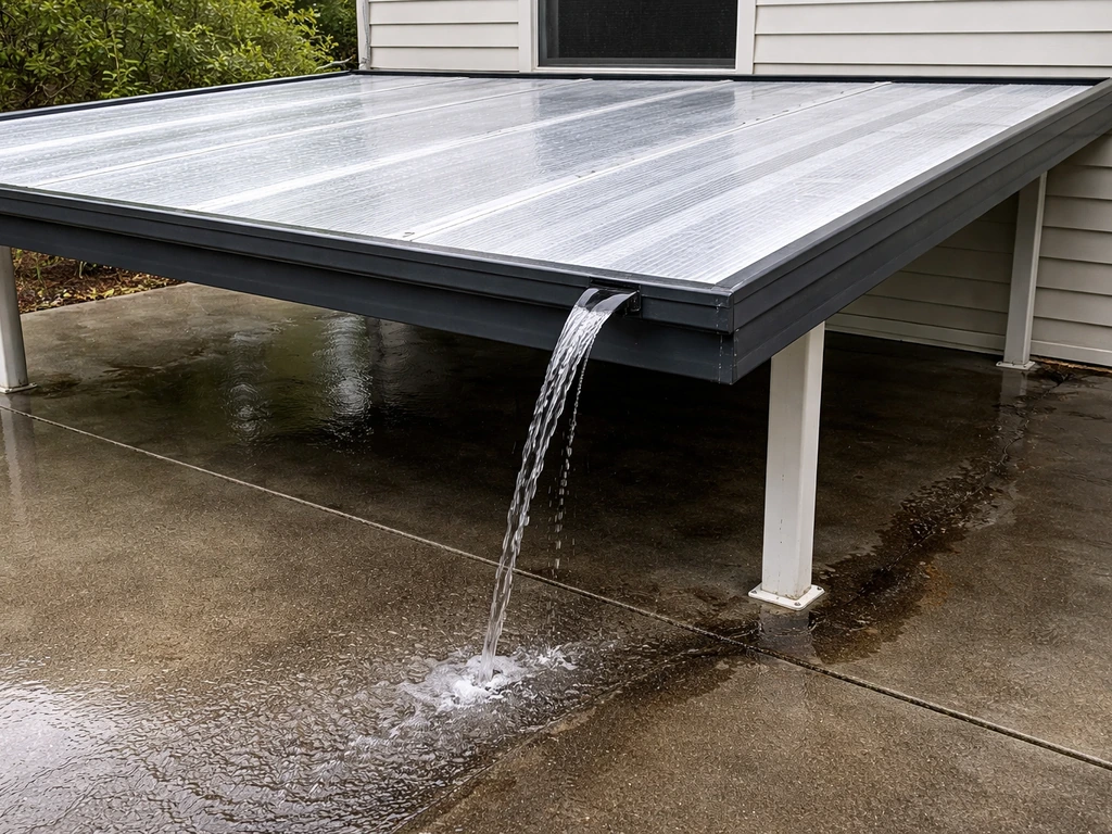 Garden hose water flows off a patio cover edge, showing a clear drainage runoff path.